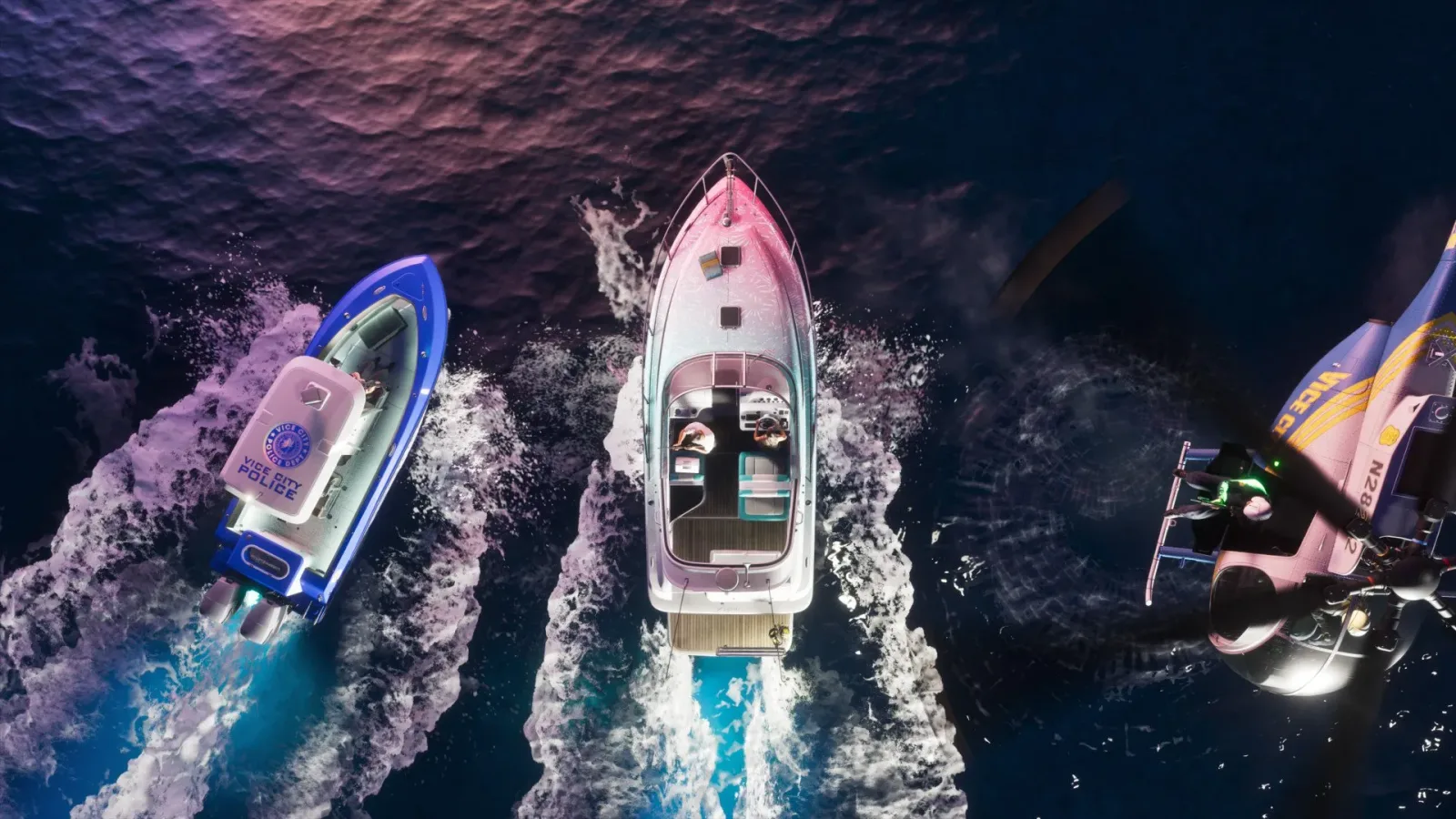 Overhead view of a white Shitzu Squalo with a pink and blue livery cutting through the water beside other boats, official GTA 6 screenshot