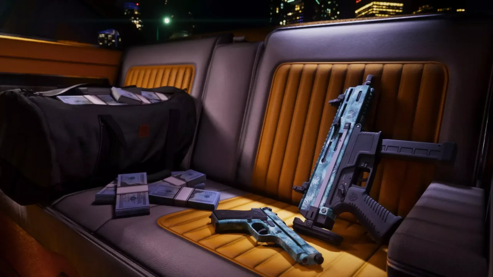 An SMG and a pistol with the tropical palm-leaf pattern on an orange car seat beside a cash bag and banknotes, official GTA 6 Vintage Vice City Pack artwork