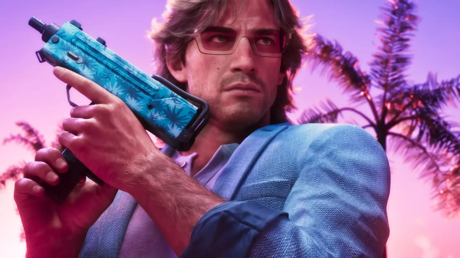 A man in a pastel jacket holds an SMG covered in a blue tropical palm-leaf pattern, official GTA 6 Vintage Vice City Pack artwork