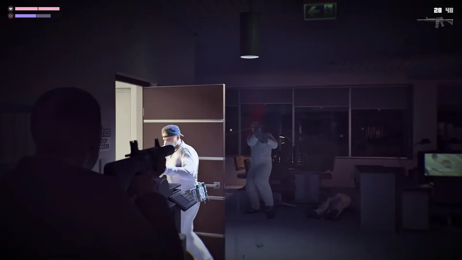 GTA 6 Extended Look: Jason aims an assault rifle past a door at two men in white coveralls in a dark office, 28 and 48 rounds on the HUD