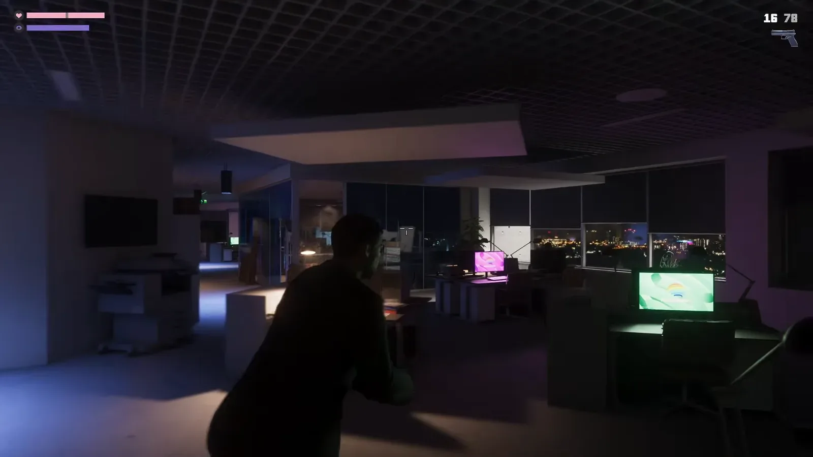 GTA 6 Extended Look: Jason moves crouched with a pistol through a dark open-plan office, 16 and 78 rounds and a pistol icon on the HUD