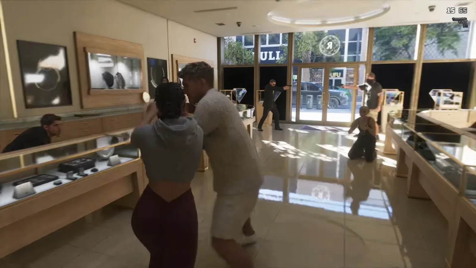 GTA 6 jewelry store robbery: Lucia grapples a man in a white sweater by the display cases while two armed men aim from the door
