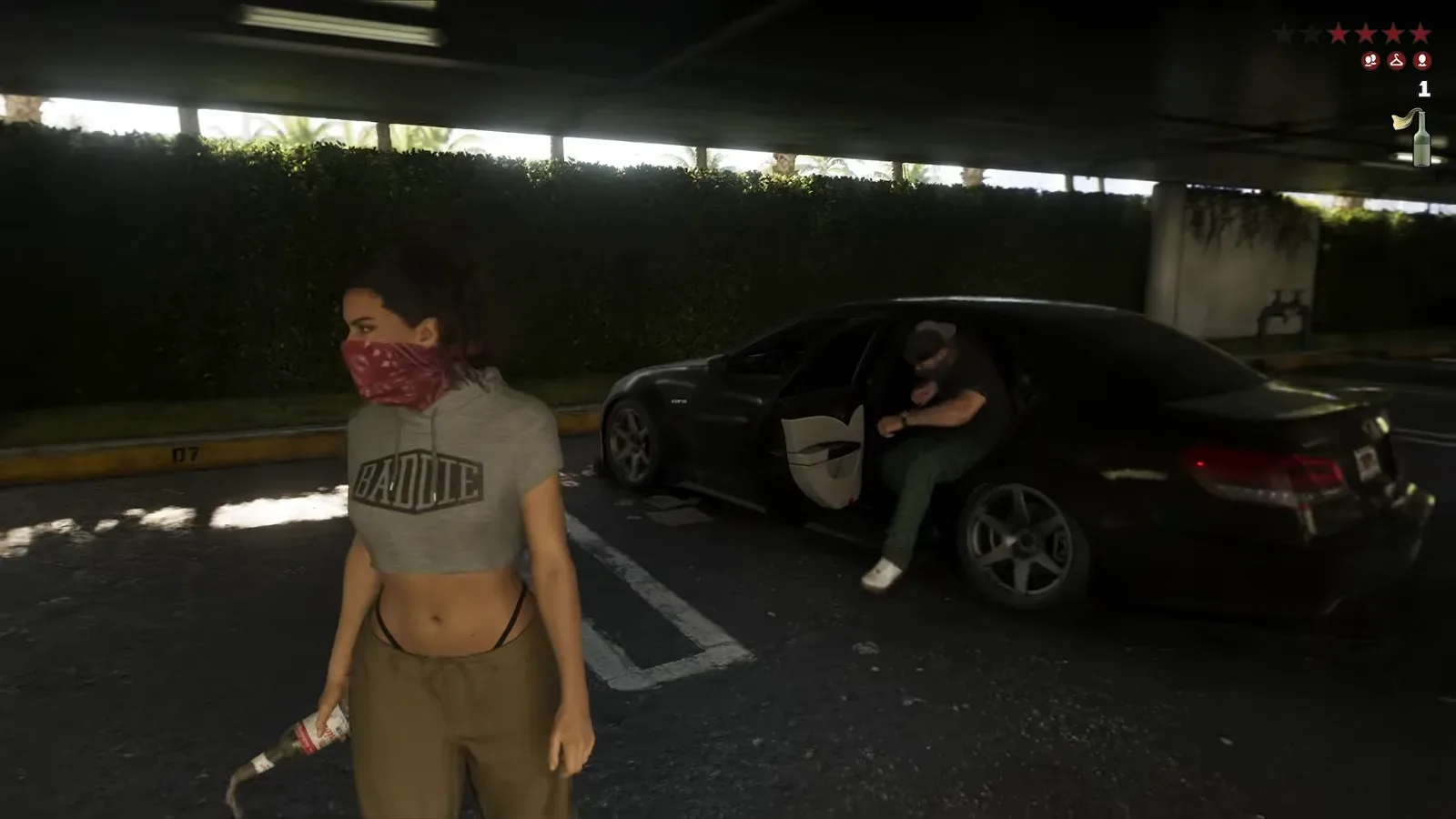 GTA 6 Extended Look: Lucia stands masked in a parking garage holding a bottle with a rag while a man gets out of a black sedan, a Molotov icon and 1 on the HUD