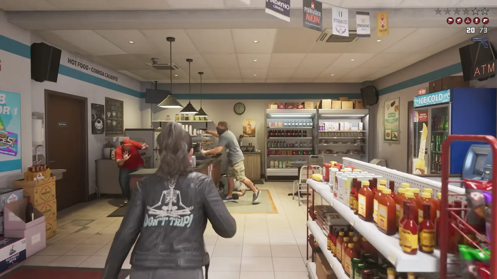 GTA 6 convenience store robbery: a masked robber in a leather jacket walks in as a partner holds the clerk at gunpoint, pistol icon with 20 and 73 on the HUD
