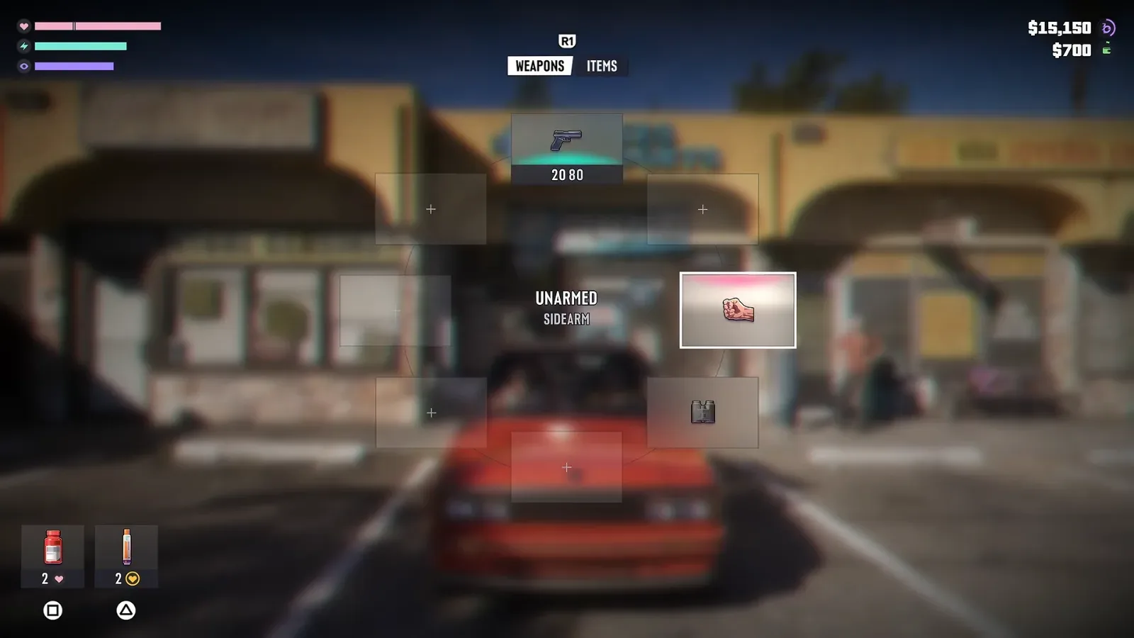GTA 6 weapon wheel on the WEAPONS tab: a pistol slot with 20 and 80 rounds, fists marked UNARMED SIDEARM, binoculars and five empty slots with a plus