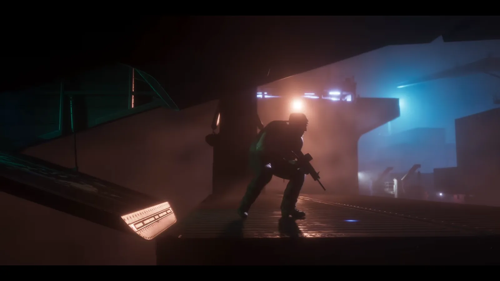 GTA 6 Launch Trailer: a man in tactical gear moves crouched with a black rifle across a wet metal deck in smoky orange and blue light