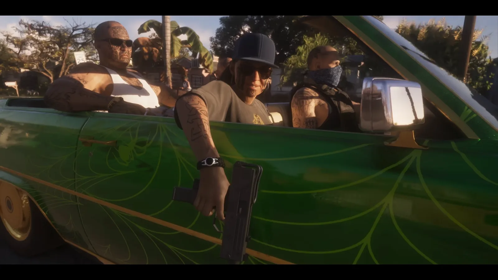 GTA 6 Launch Trailer: a tattooed man in a cap holds a compact boxy submachine gun out of a green lowrider painted with spider webs
