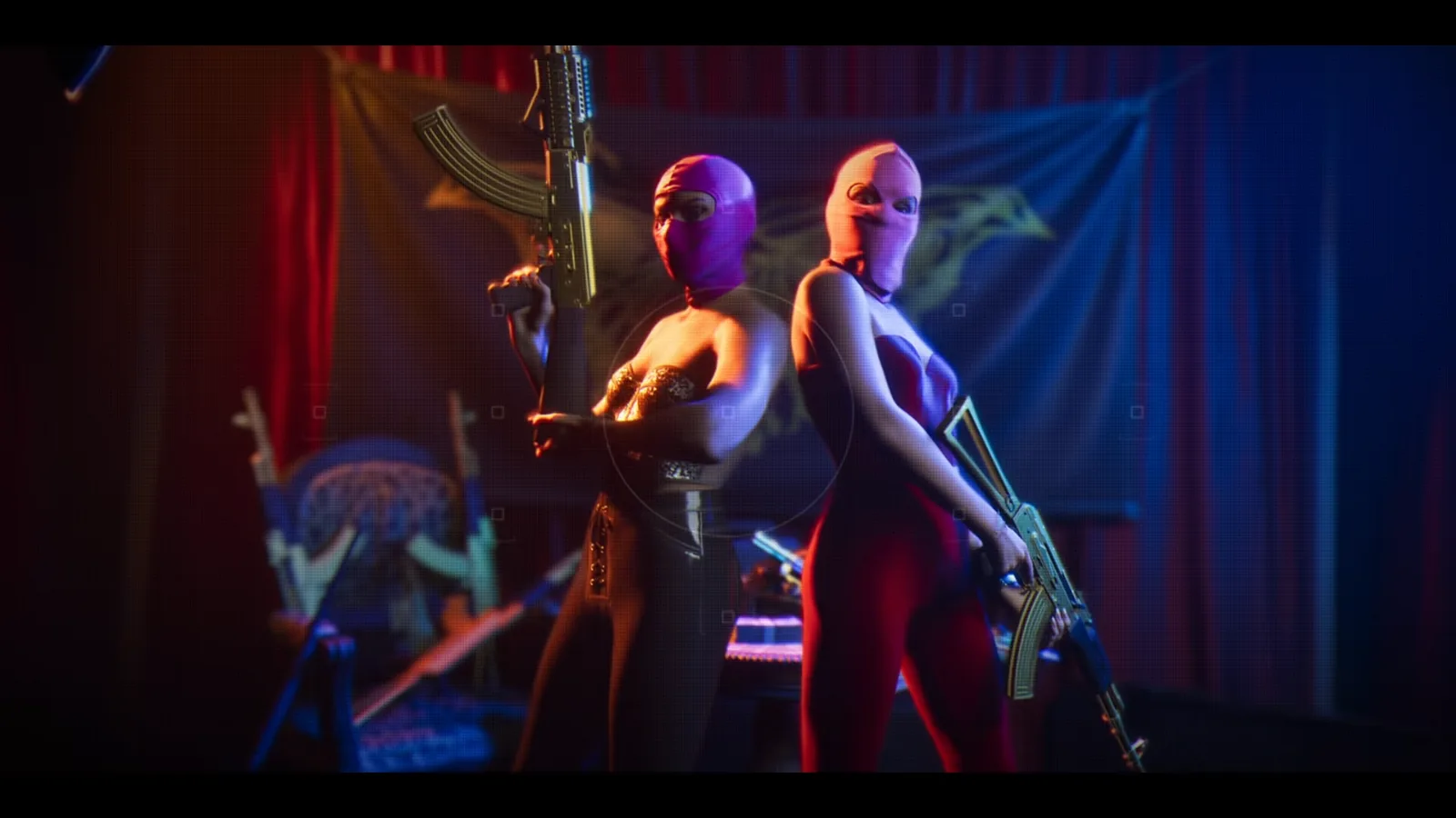 GTA 6 Launch Trailer: two women in pink balaclavas pose back to back with gold AK-pattern rifles before a curtain and banner
