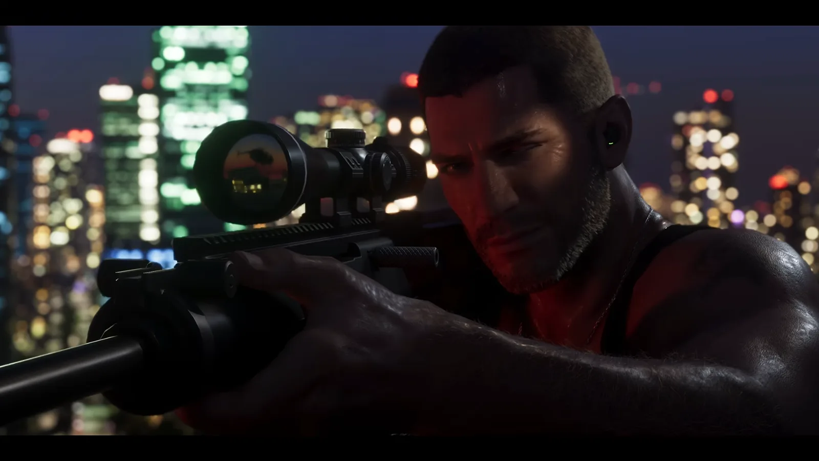 GTA 6 Launch Trailer: a short-haired man aims a scoped rifle with a box magazine at night, a helicopter reflected in the scope lens