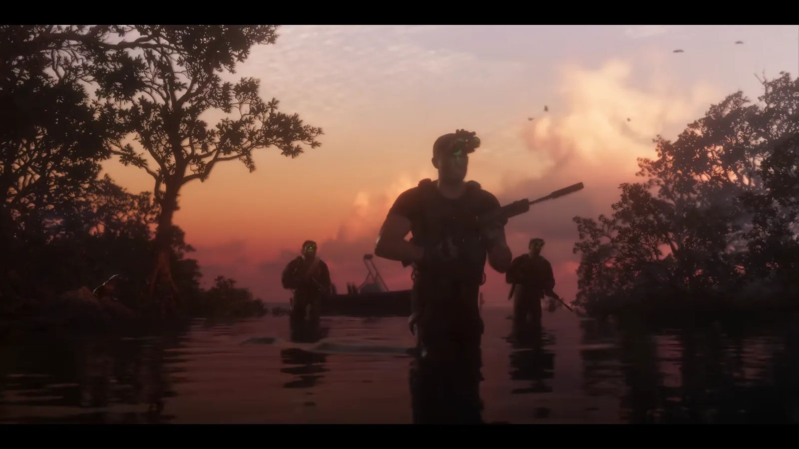GTA 6 Launch Trailer: three men wade through mangrove water at sunset, the front one with night-vision goggles and a suppressed rifle