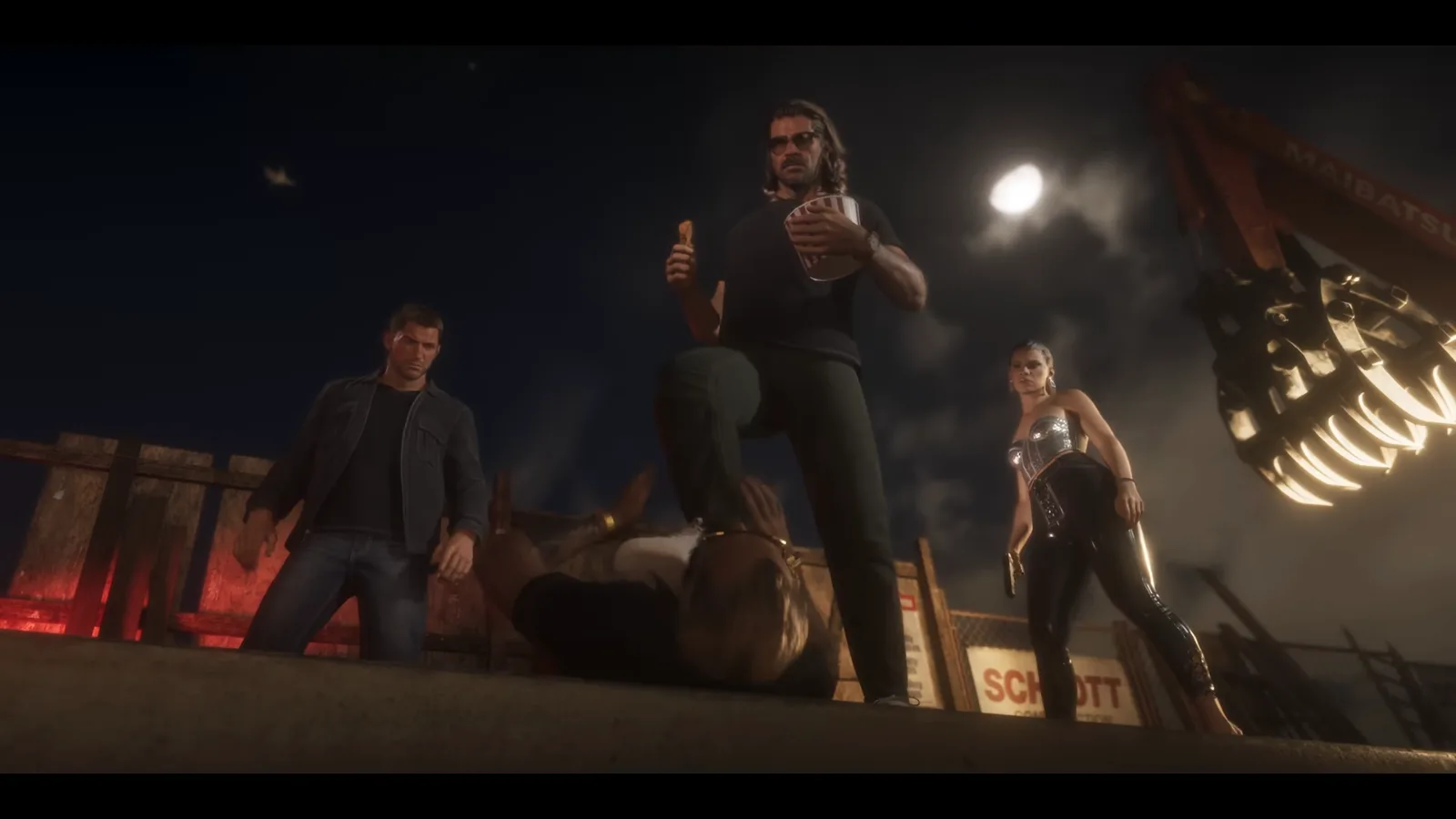 GTA 6 Launch Trailer: a woman in a silver corset holds a pistol at her side on a night construction rooftop beside an excavator claw