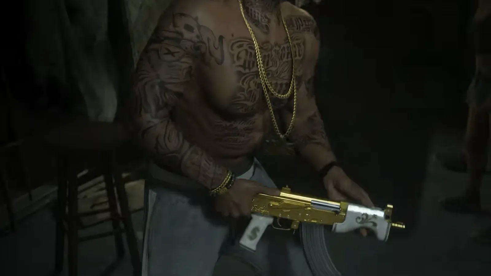 GTA 6 Extended Look: a shirtless tattooed man in the drug lab holds a compact AK rifle in gold with pearl-white furniture and a dollar sign grip