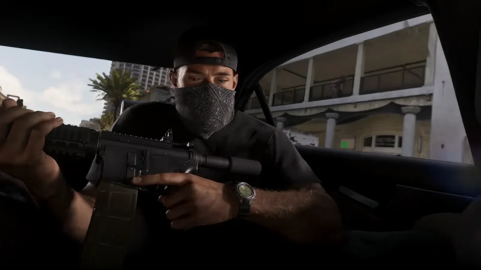 GTA 6 Extended Look: masked Jason in a backwards cap holds an AR-style rifle with a suppressor and a long magazine inside a car