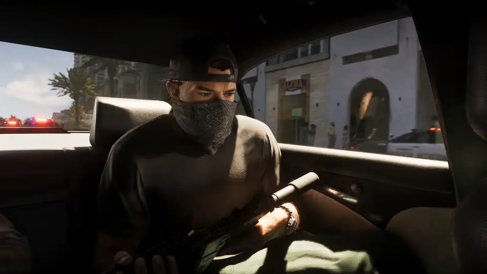 GTA 6 Extended Look: a masked Jason in a backwards cap sits in a car's back seat with a suppressed long gun, police lights through the rear window