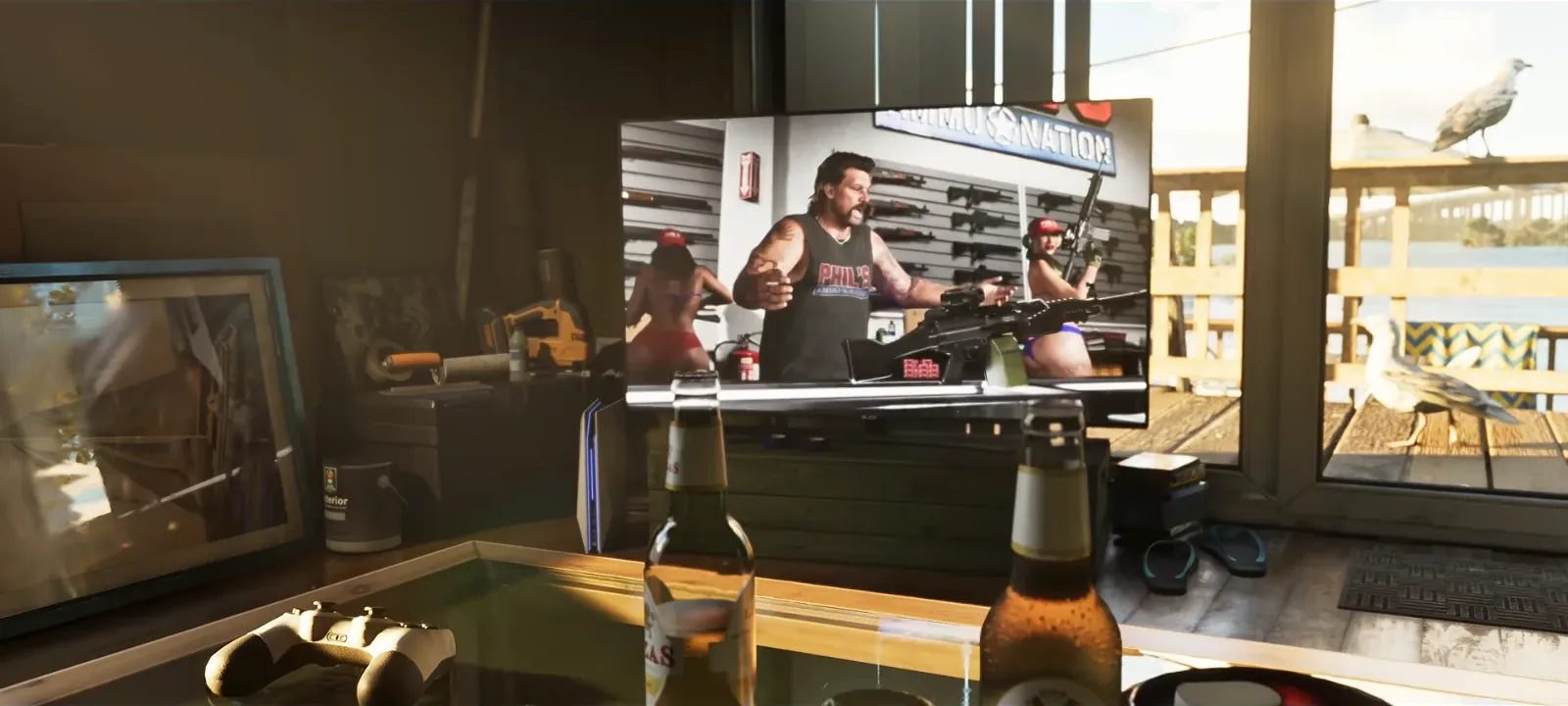 GTA 6 Trailer 2: a TV advert for Phil's Ammu-Nation, Phil in a tank top before a wall of rifles, a belt-fed machine gun on the counter