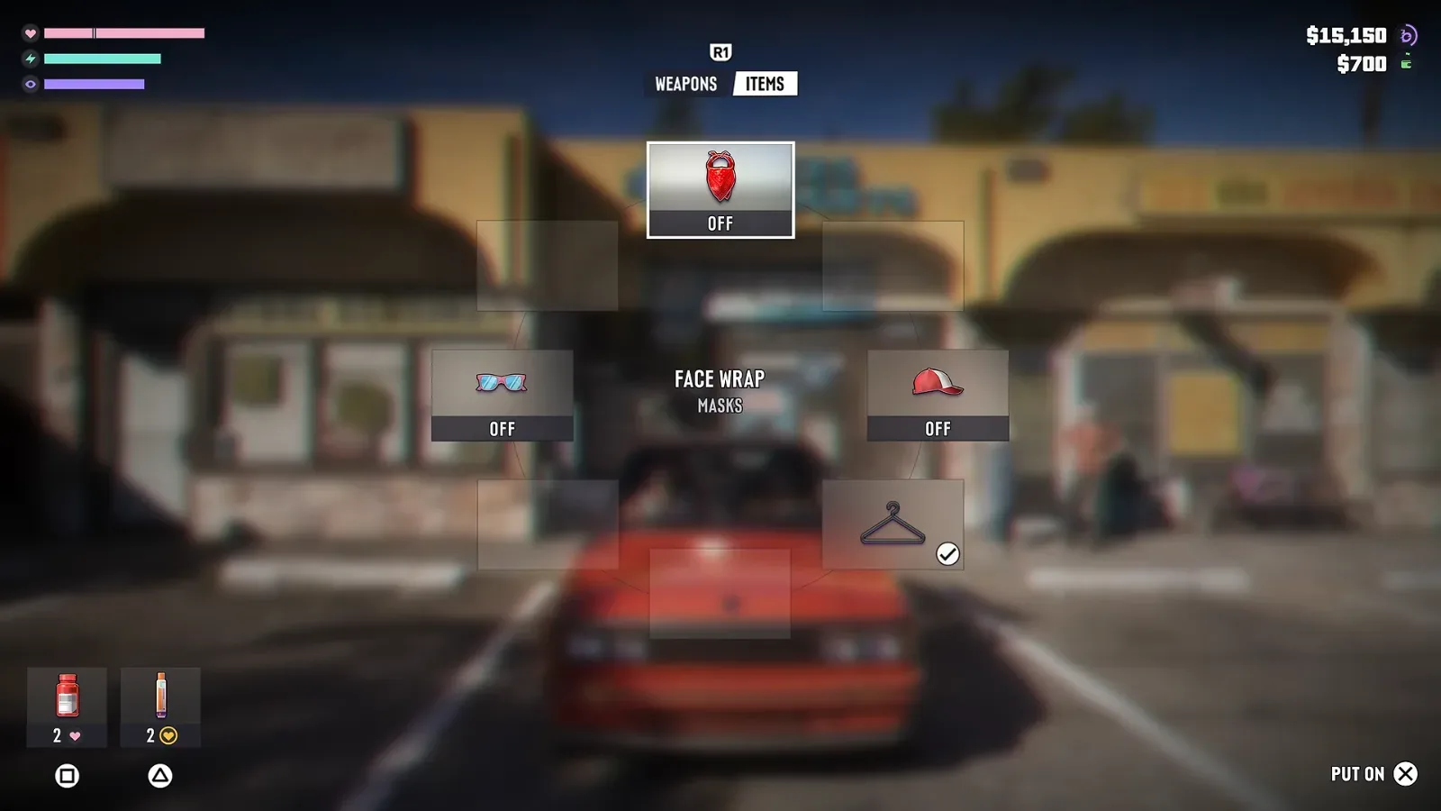 GTA 6 weapon wheel on the ITEMS tab: a red face wrap in the masks slot, sunglasses and a cap marked OFF, a clothes hanger ticked, PUT ON with X