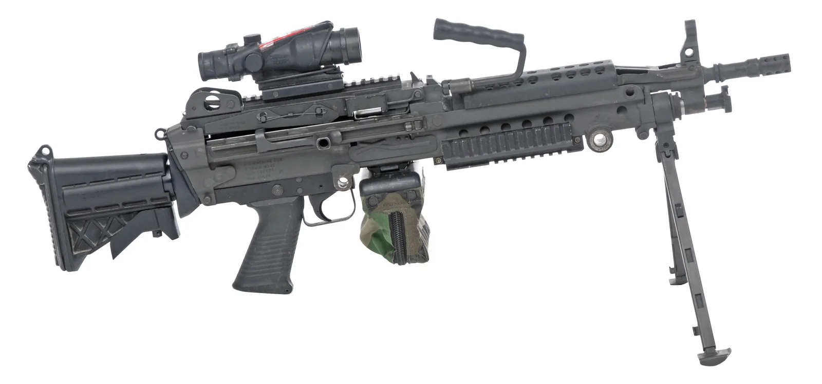 A real M249 SAW light machine gun, Para version with collapsible stock, bipod and ACOG sight, side view on white