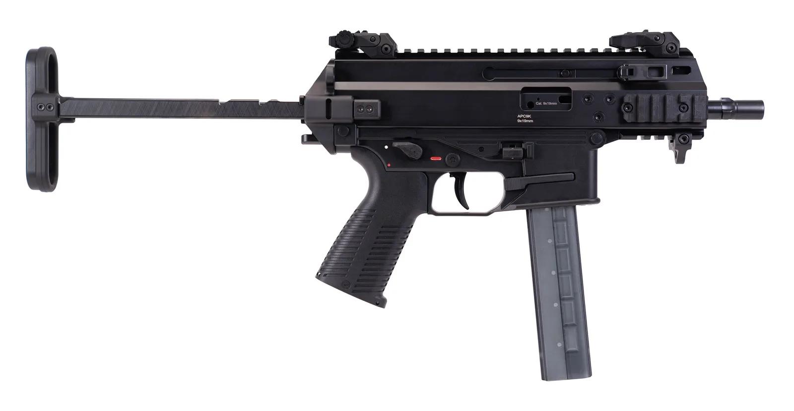 A real Brügger & Thomet APC9 K submachine gun with the stock extended, right side view, on a plain white background