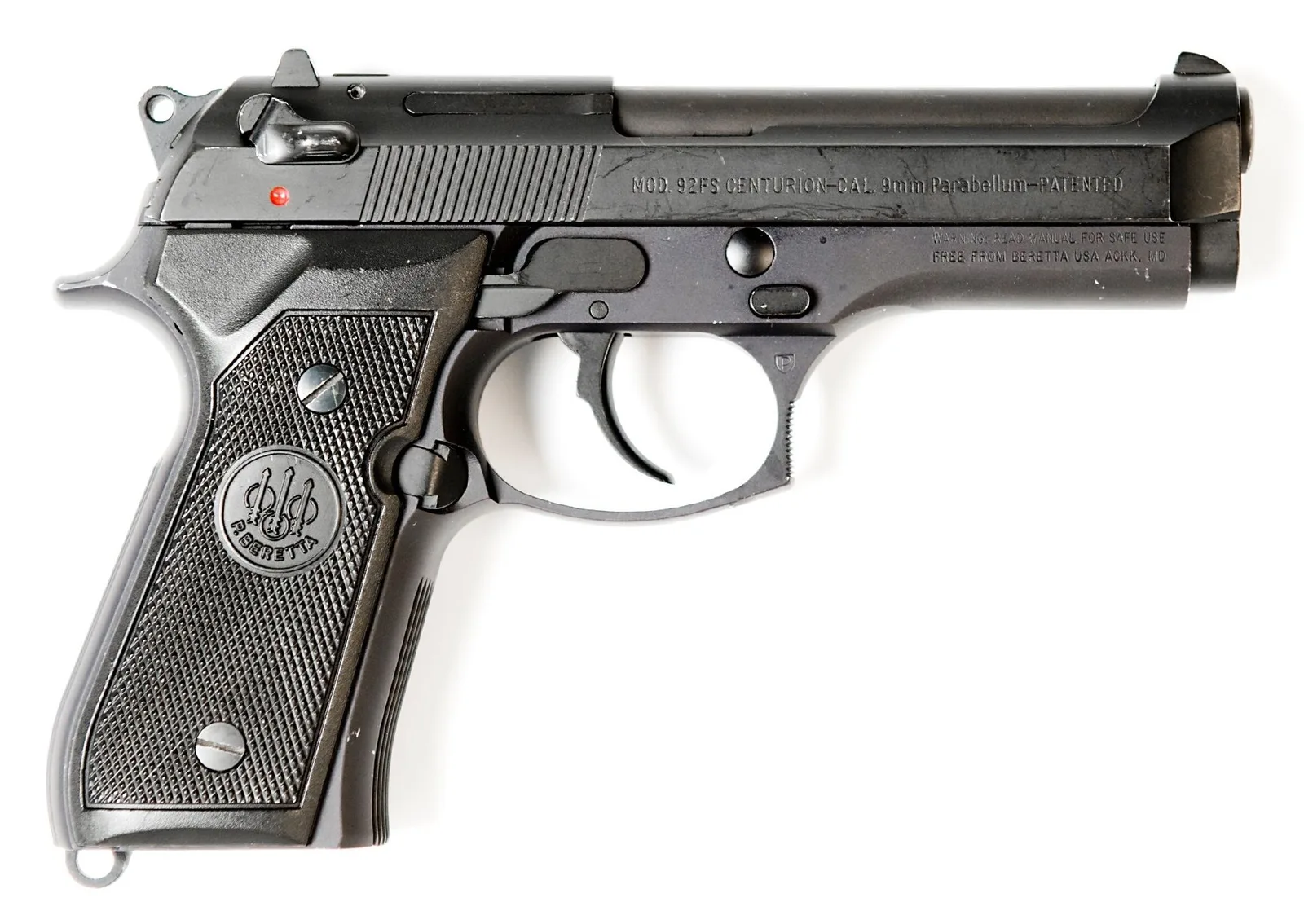 A real Beretta 92FS 9mm pistol, left side view with the slide forward, on a plain white background
