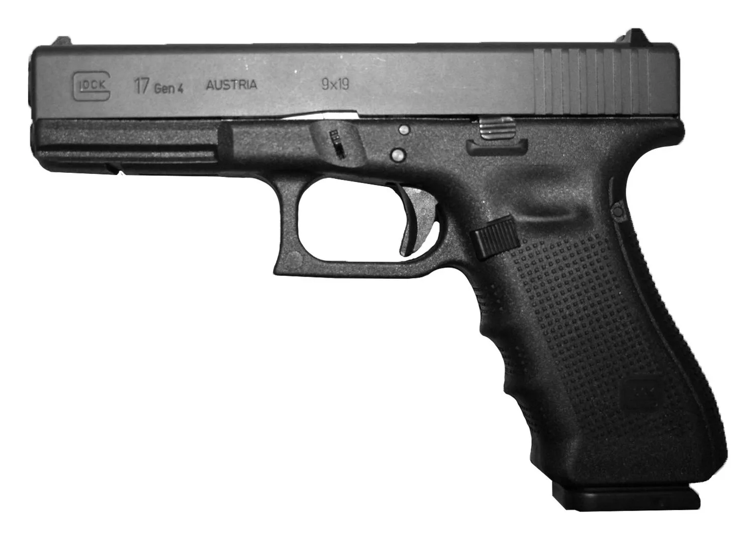 A real Glock 17 Gen 4 9mm pistol, left side view, on a plain white background