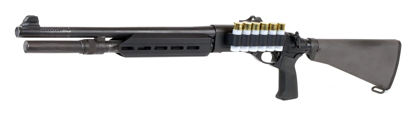 A real Remington 870 Police pump-action shotgun with a shell carrier and magazine extension, left side view on white