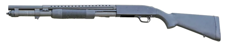 A real Mossberg 590A1 pump-action shotgun with a synthetic stock, left side view, on a plain white background