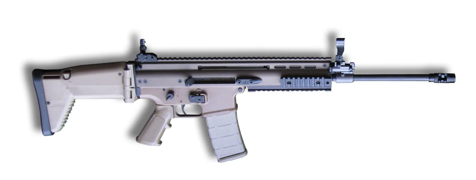 A real FN SCAR-L rifle in tan, right side view with the stock extended, on a plain grey background