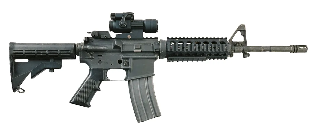 A real M4A1 flat-top carbine with a rail handguard and red-dot sight, left side view, on a grey background
