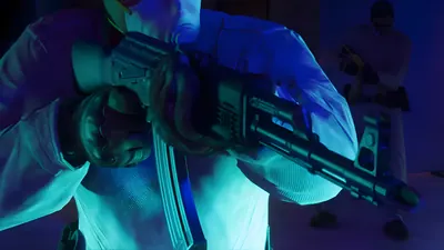 AK-pattern assault rifle held by a masked robber under blue light in an official GTA 6 trailer frame