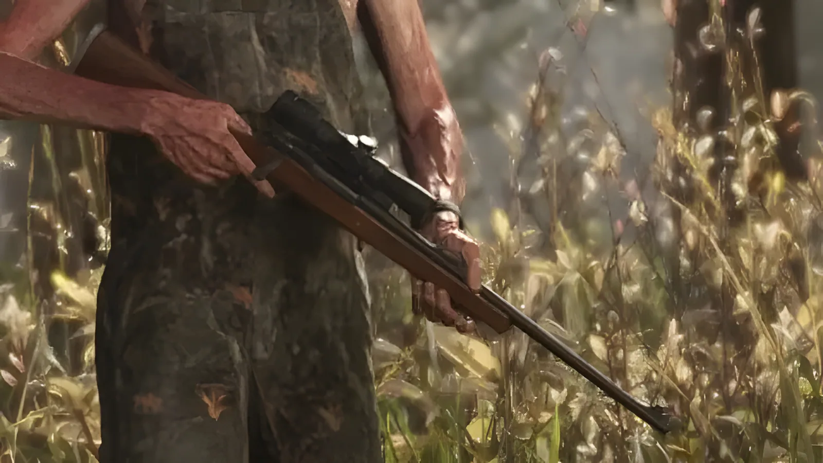Hunter in camouflage holding a scoped bolt-action rifle in tall grass, from an official GTA 6 screenshot