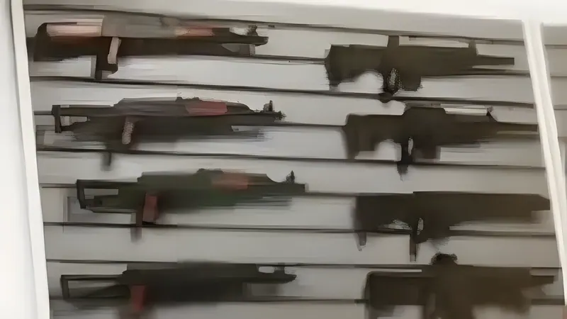 Rifles and shotguns racked on a gun store wall display, from an official GTA 6 trailer frame