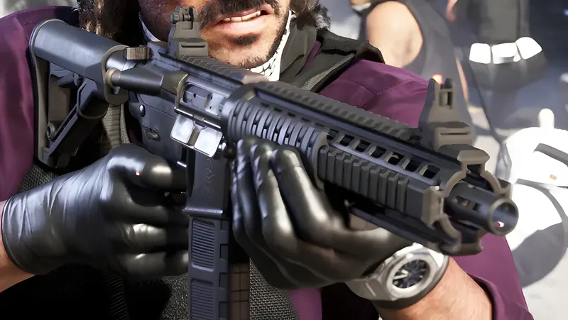 Close-up of a man in black gloves aiming a black AR-15-style carbine rifle, from an official GTA 6 screenshot