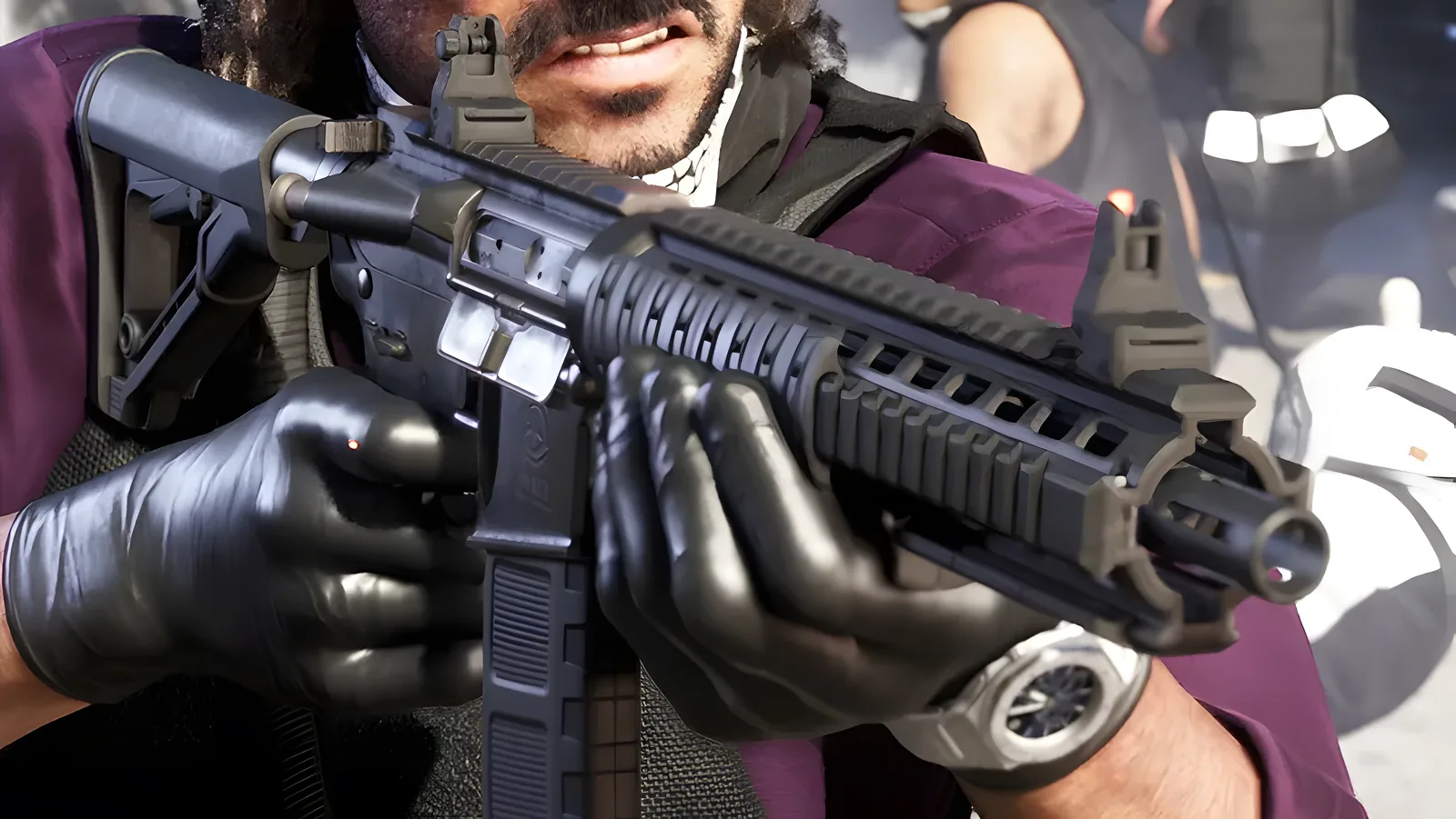 Close-up of a man in black gloves aiming a black AR-15-style carbine rifle, from an official GTA 6 screenshot