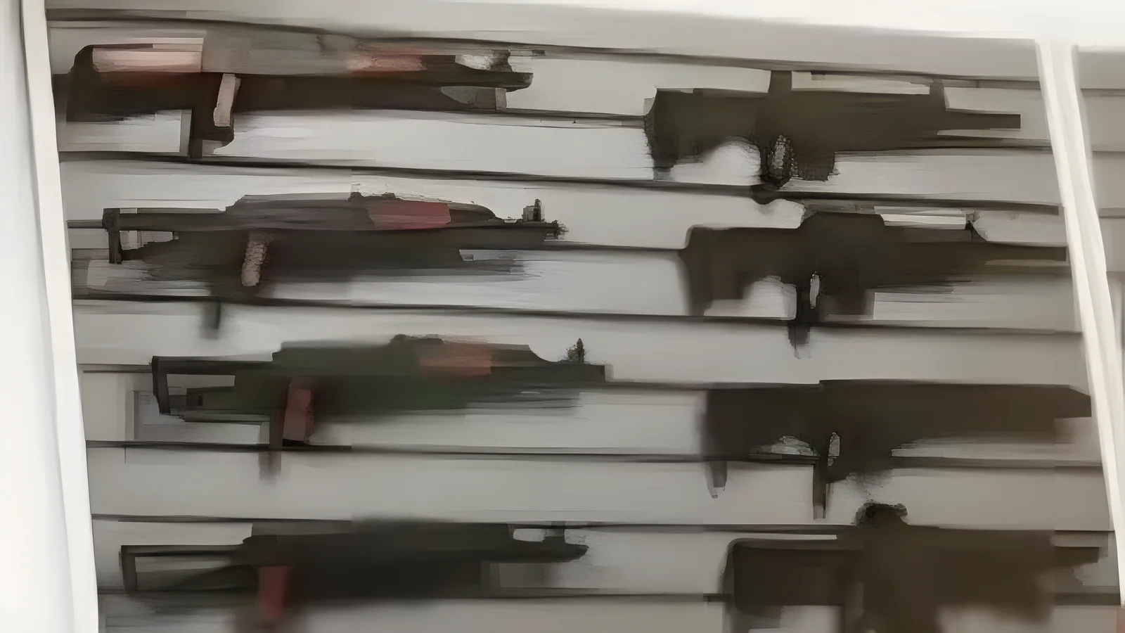 Rifles and shotguns racked on a gun store wall display, from an official GTA 6 trailer frame