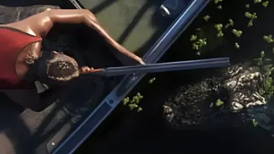 Overhead view of a woman aiming a double-barrel shotgun at an alligator in swamp water, from an official GTA 6 screenshot