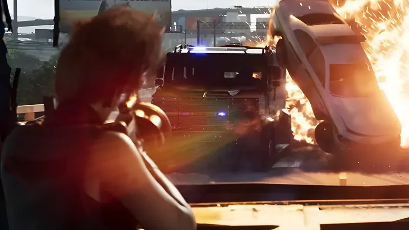 Woman aiming a weapon toward an armored truck and a burning car mid-explosion, from the second official GTA 6 trailer
