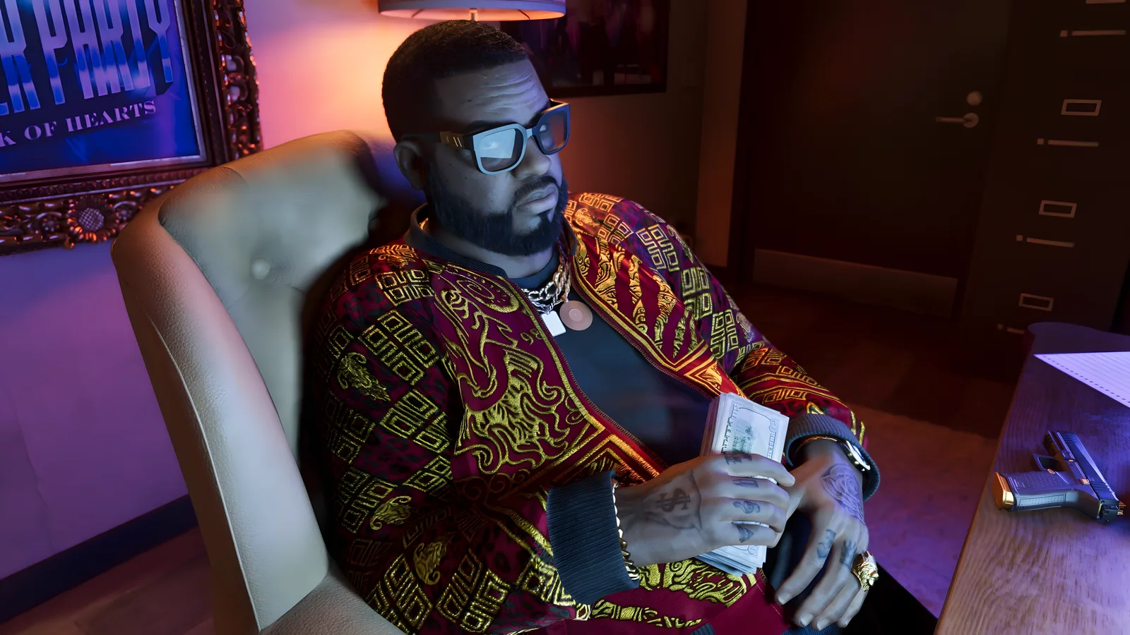 Boobie Ike sits in a leather armchair holding cash, a pistol lying on the desk beside him, official GTA 6 screenshot