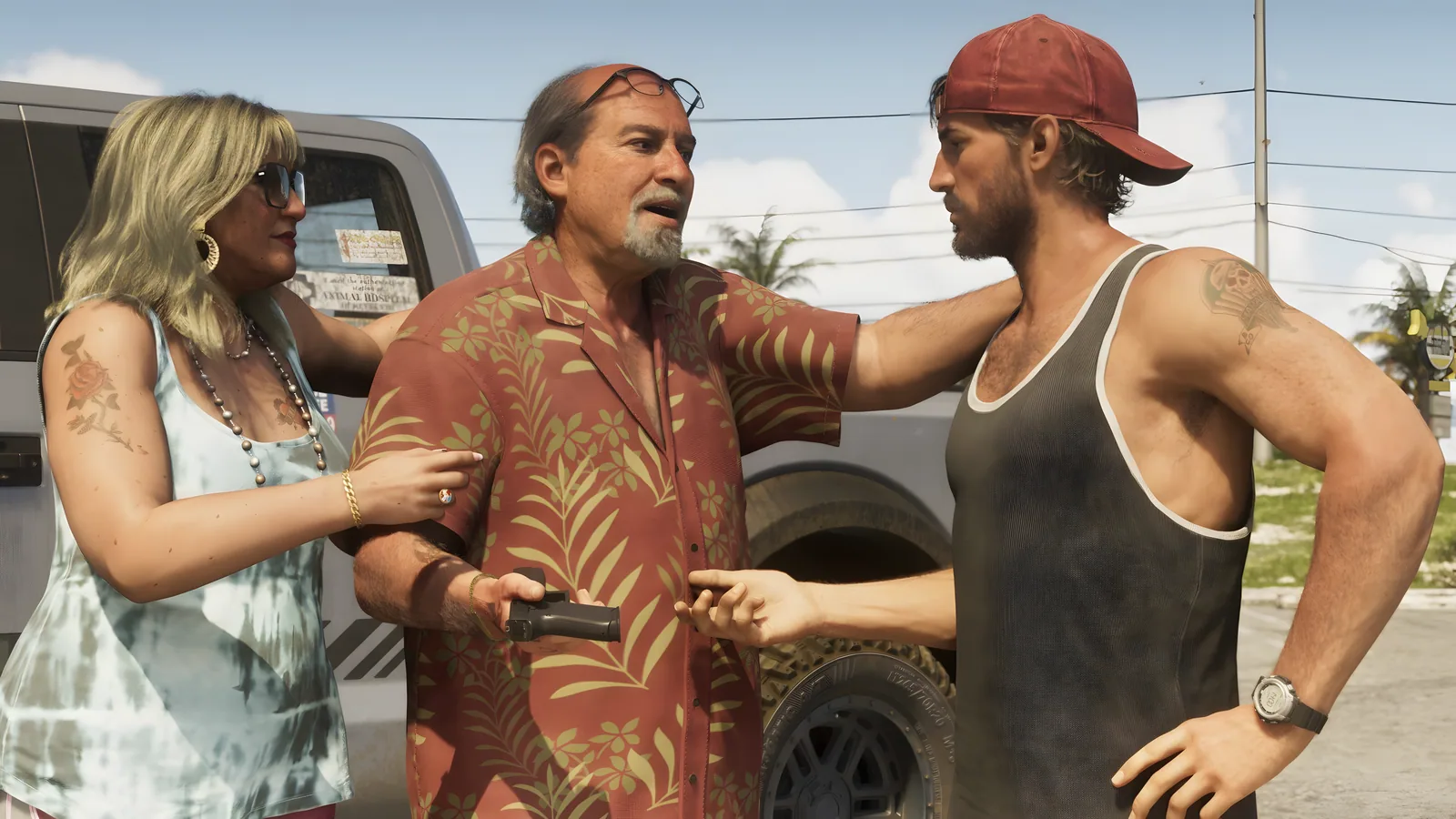 Brian Heder hands Jason a handgun outside a pickup truck while a woman holds his arm, official GTA 6 screenshot