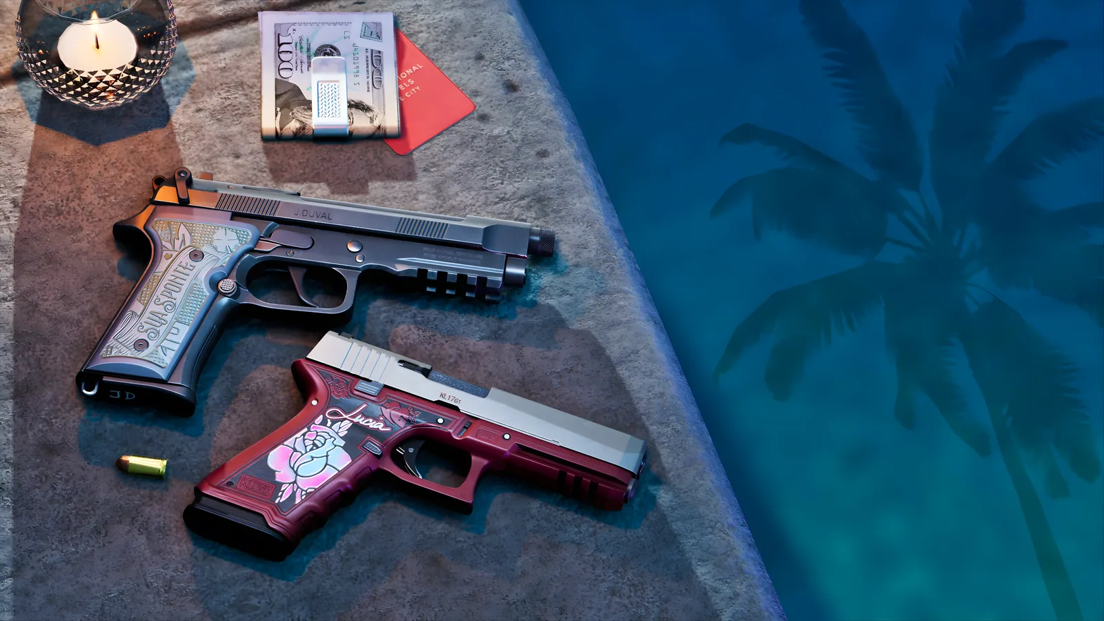 The engraved Ultimate Edition variants of Jason's Girardi ES9 and Lucia's red Klose K17 on a poolside table with cash and a bullet, official GTA 6 artwork