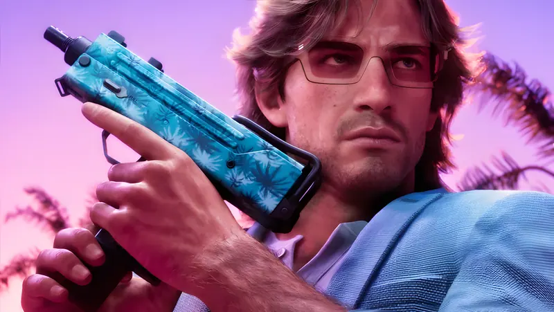 Man in sunglasses holding a compact submachine gun finished in a blue palm-leaf pattern against a pink sunset sky, official GTA 6 artwork