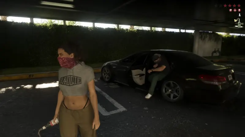 Lucia holds a Molotov bottle with a rag in a parking garage while a man gets out of a black sedan, Molotov icon and 1 on the HUD, GTA 6 Extended Look at 16:00
