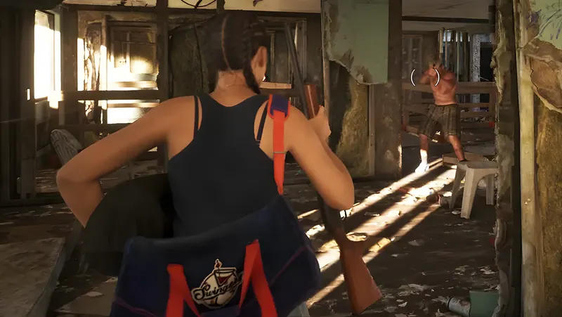 Woman carrying a pump shotgun and a duffel bag inside a run-down building, from the official GTA 6 Extended Look