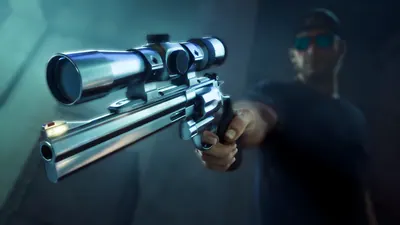 A chrome scoped Hawk & Little Morgan Revolver aimed at the camera by a man in sunglasses, official GTA 6 Ultimate Edition artwork