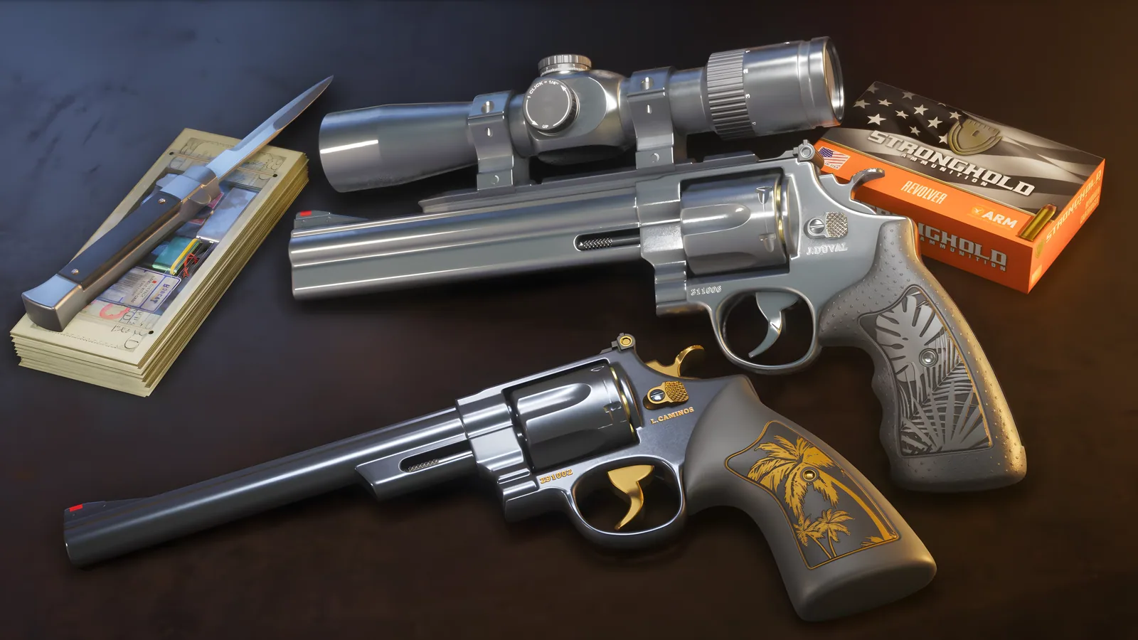 The his-and-hers Hawk & Little Morgan Revolvers with palm-tree grips, one scoped, beside a switchblade, cash and a box of revolver ammo, official GTA 6 Ultimate Edition artwork