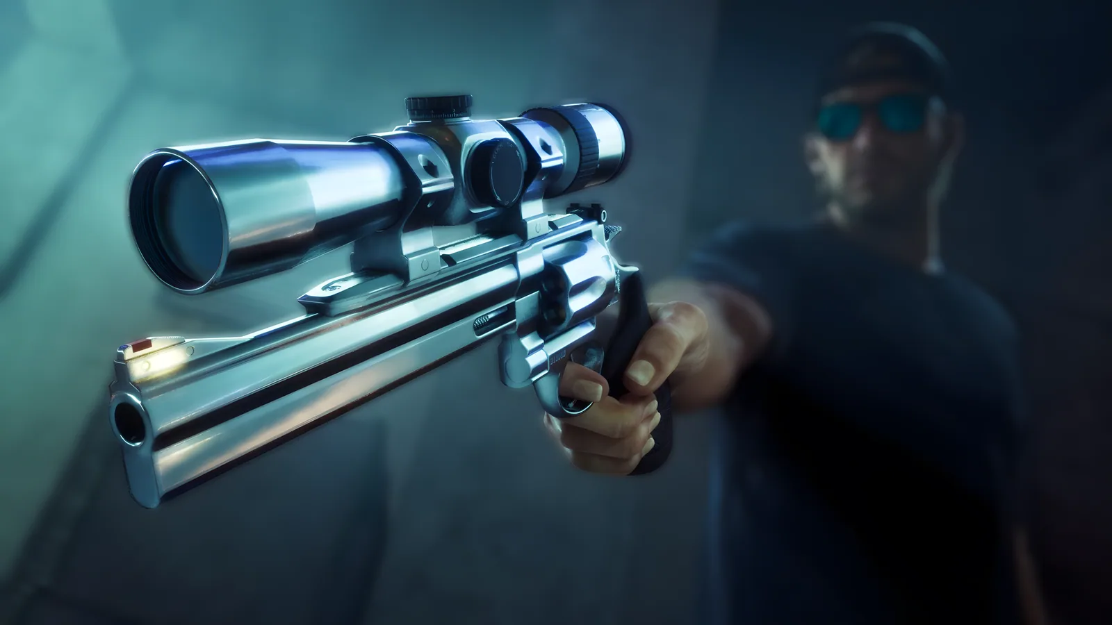 A chrome scoped Hawk & Little Morgan Revolver aimed at the camera by a man in sunglasses, official GTA 6 Ultimate Edition artwork