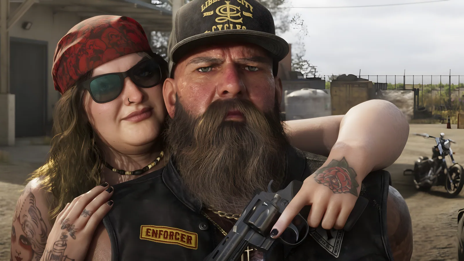 A bearded biker in an Enforcer vest holds a revolver while a woman in a red bandana leans on his shoulder, official GTA 6 screenshot