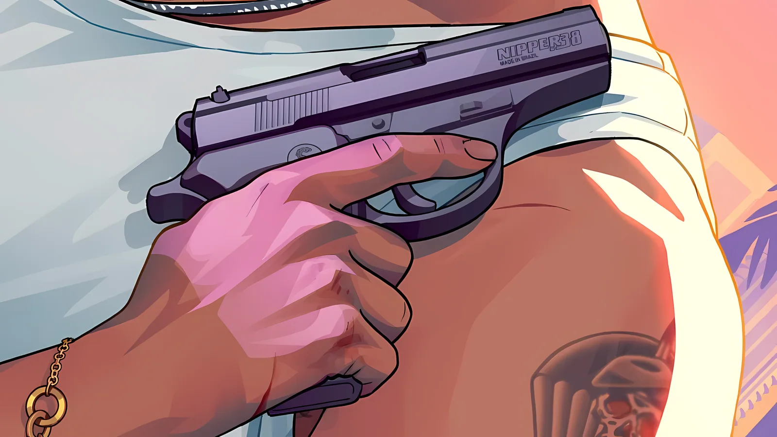 Stylized illustration of a hand pressing a labeled pistol into someone's side, official GTA 6 cover art