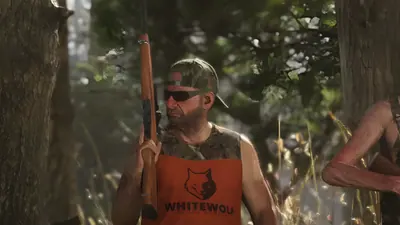 Hunter in camouflage holding a bolt-action rifle in a forest clearing, from an official GTA 6 screenshot