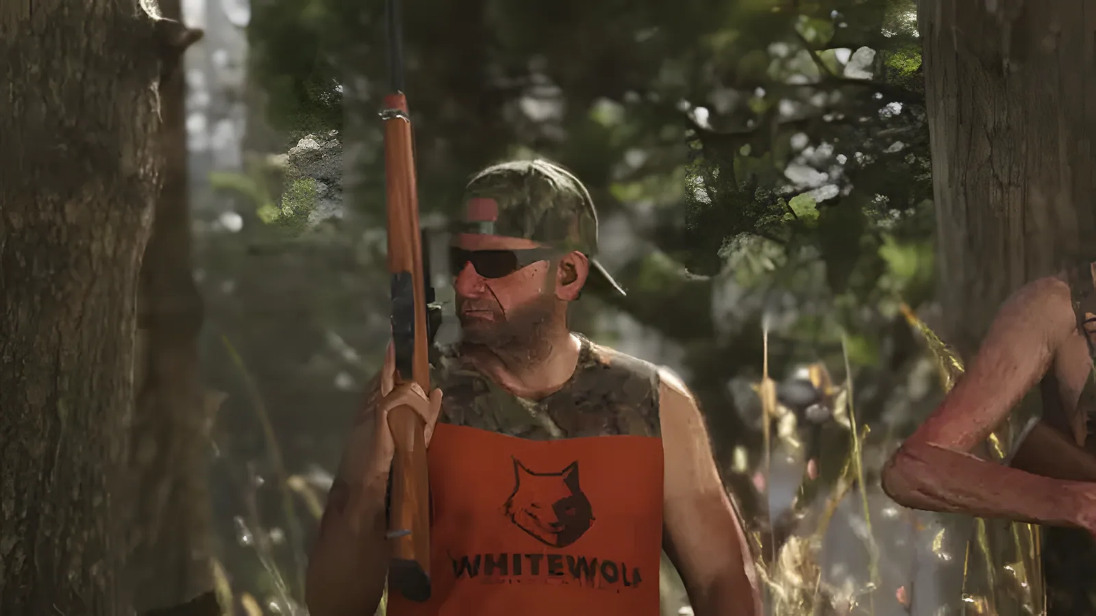 Hunter in camouflage holding a bolt-action rifle in a forest clearing, from an official GTA 6 screenshot