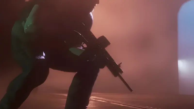 A crouching gunman holding a black assault rifle in a smoky, red-lit tunnel, from the GTA 6 Launch Trailer